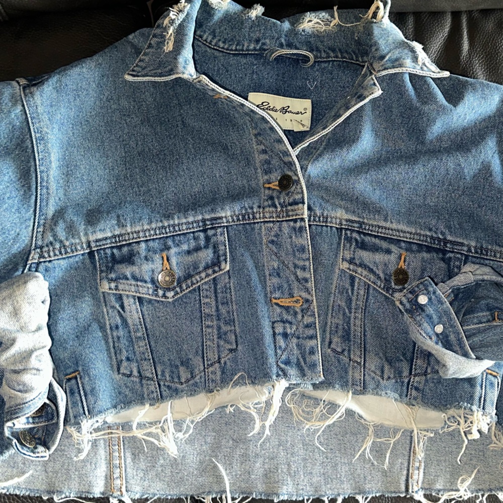 Eddie Bauer Cropped Denim Jacket | Distressed Raw Hem | Vintage Style